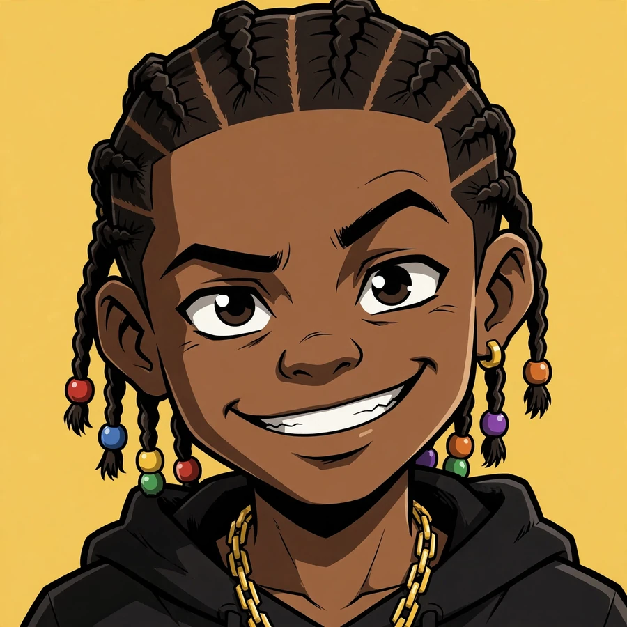 Riley Freeman pfp: original young cartoon boy with cornrow braids, beads and gold chain
