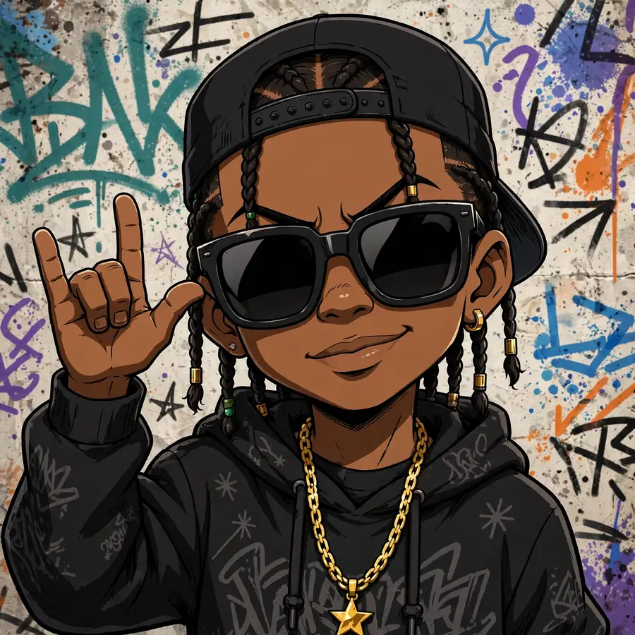 Boondocks pfp: original little gangsta boy with braids, sunglasses and hand signs