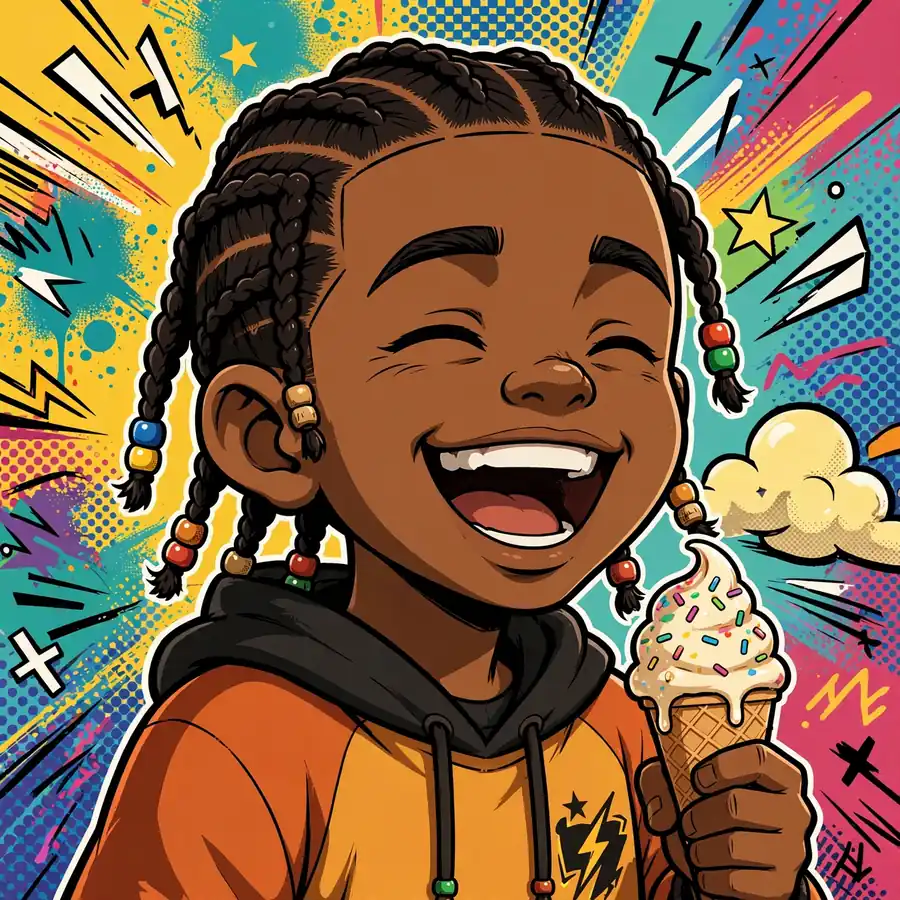 Riley pfp: original cute cartoon boy with braided hair laughing with ice cream