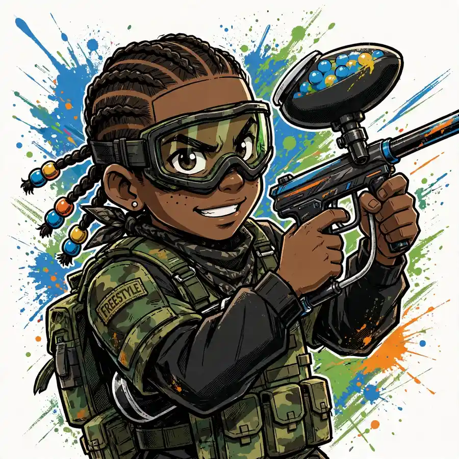 Riley Freeman pfp: original little boy with cornrows in paintball gear, action pose