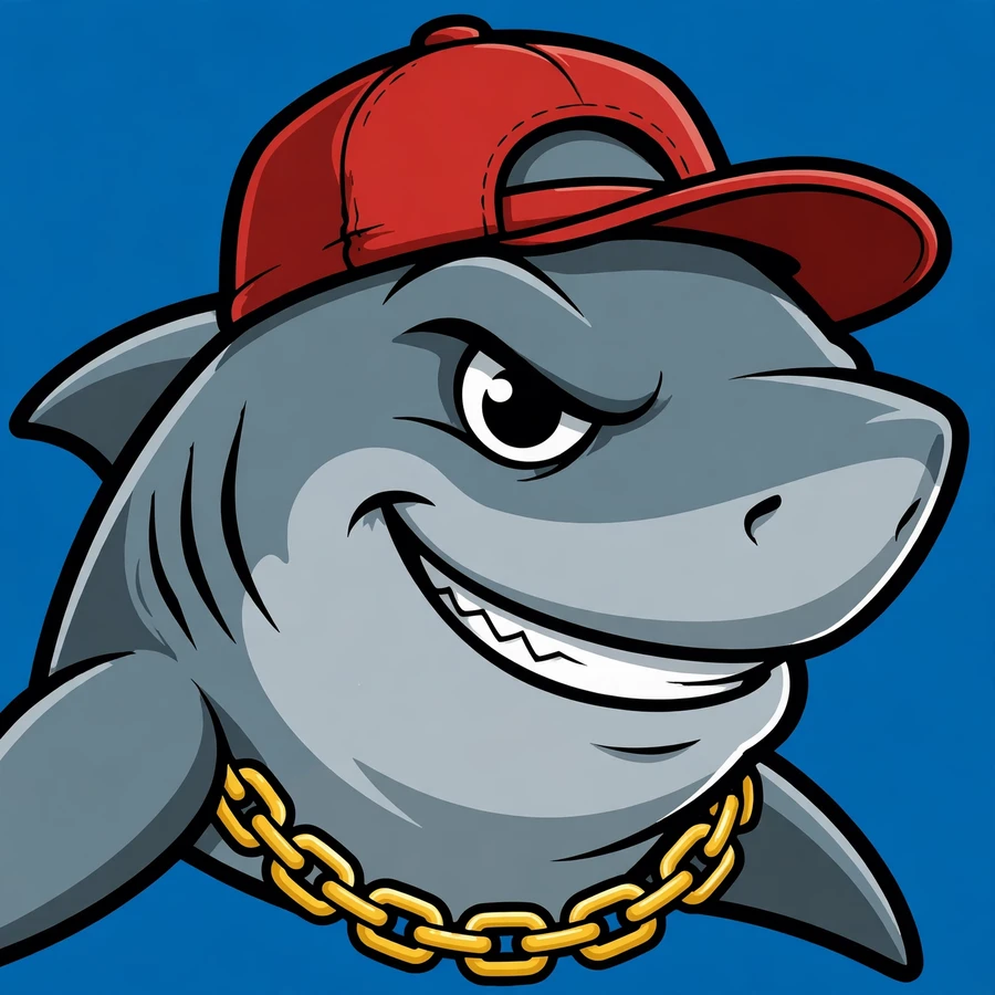 Funny pfp for boys: cool shark with a gold chain and backward cap