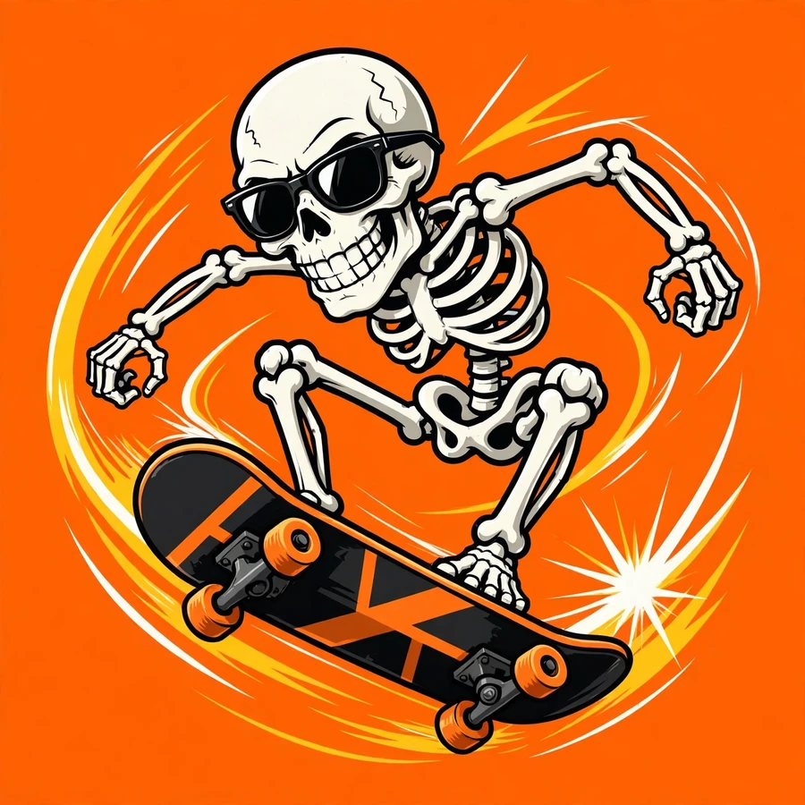 Funny boy pfp: skeleton skateboarder with sunglasses mid-trick