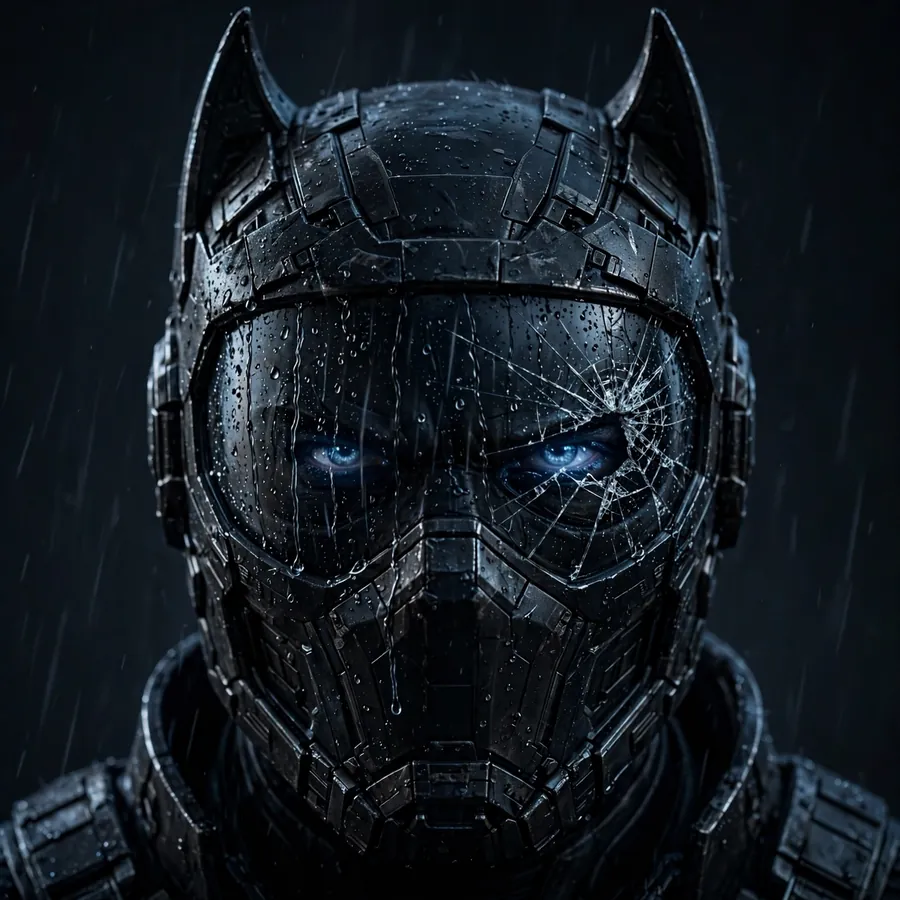 Armored Batman pfps: original high-tech helmet with glowing eyes