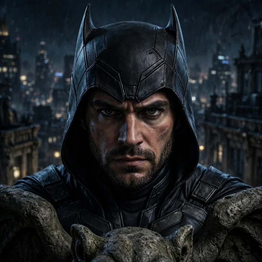 Classic Batman pfp: original armored cowl above Gotham gargoyles