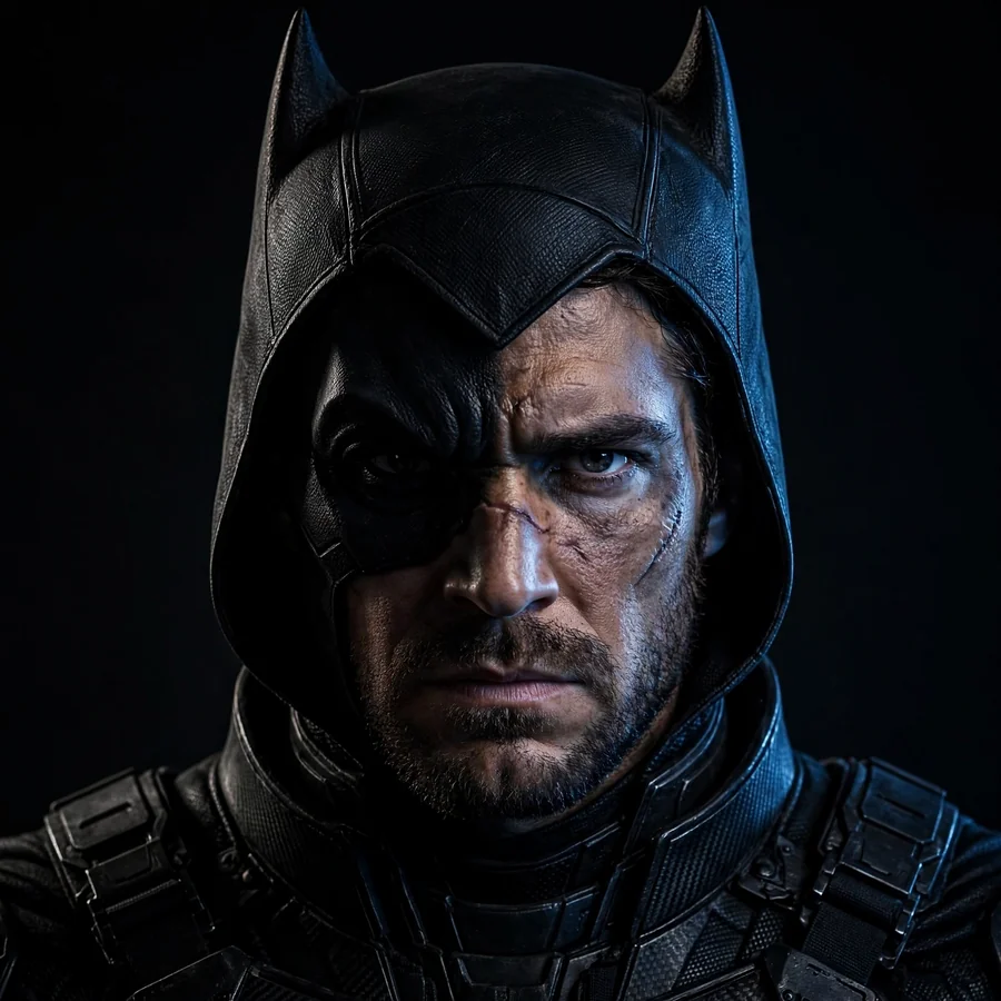 Batman pfp dark: original half-shadowed face above Gotham lights