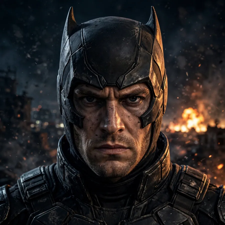 Batman Gotham pfps: original portrait with the city ablaze behind