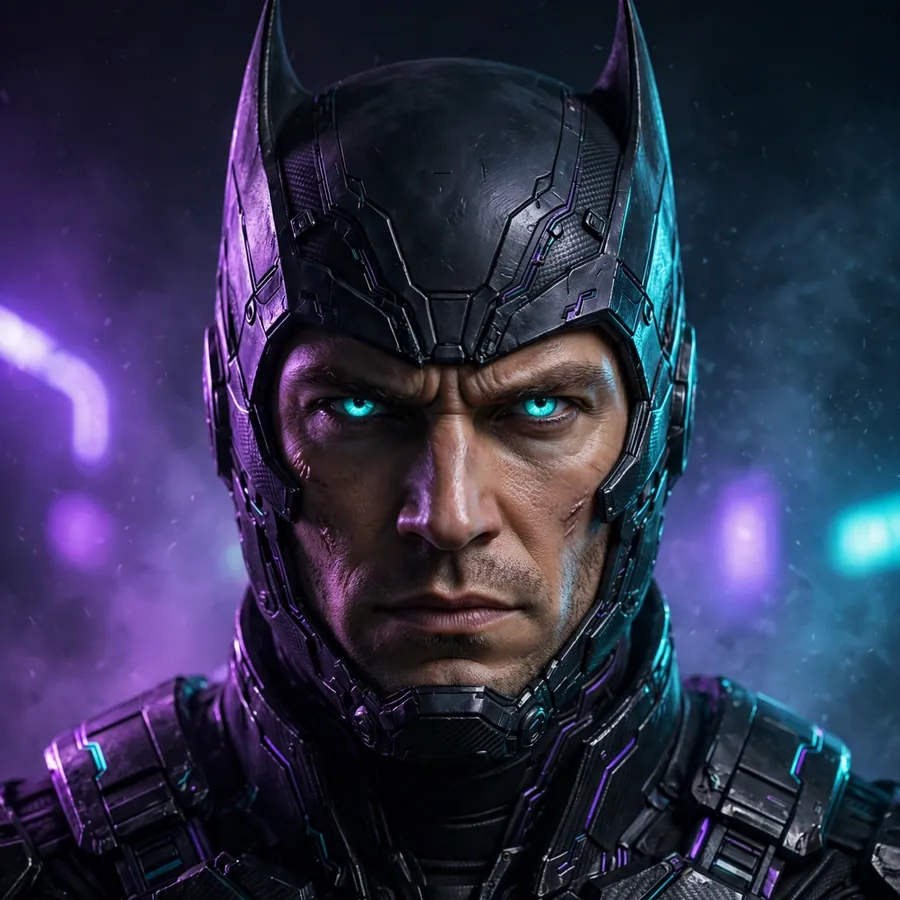 Batman pfp neon: original glowing blue eyes in violet light