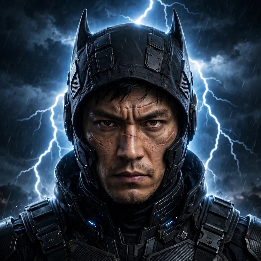 Storm Batman pfp: original portrait with lightning behind