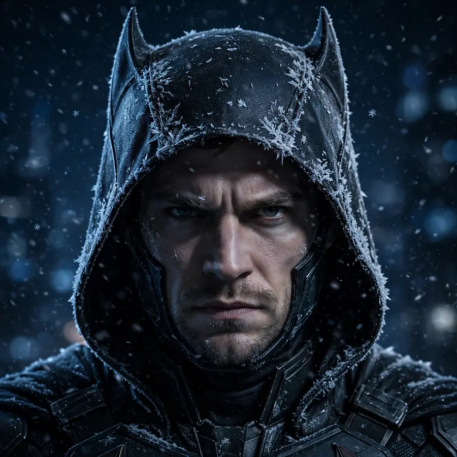 Batman pfp storm: original frost-covered hood in falling snow