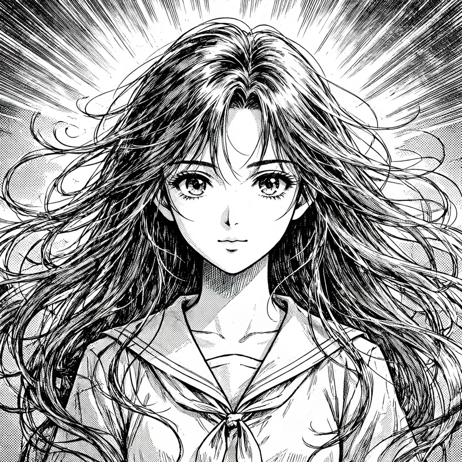 Black and white pfp: manga-style anime girl with flowing hair in monochrome ink art