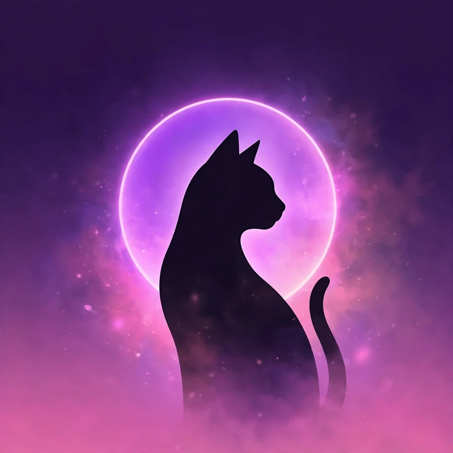 Aesthetic cat pfp: cat silhouette with glowing purple moon, vaporwave aesthetic