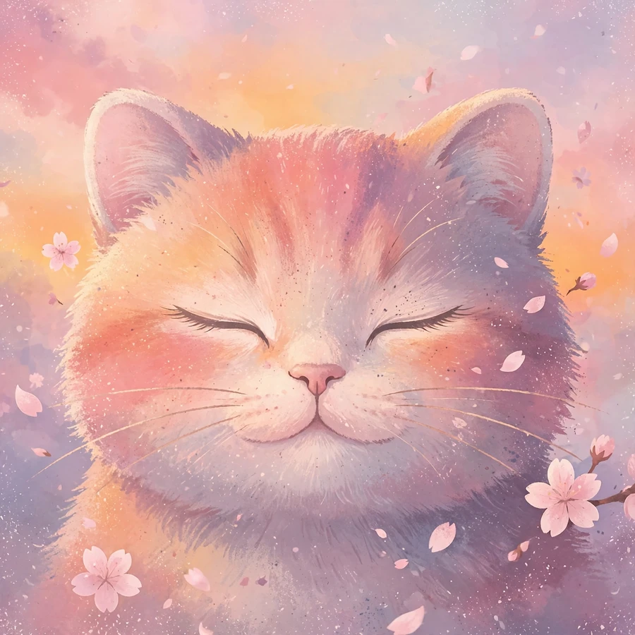 Aesthetic cute cat pfp: serene cat face in pastel sunset with cherry blossom petals