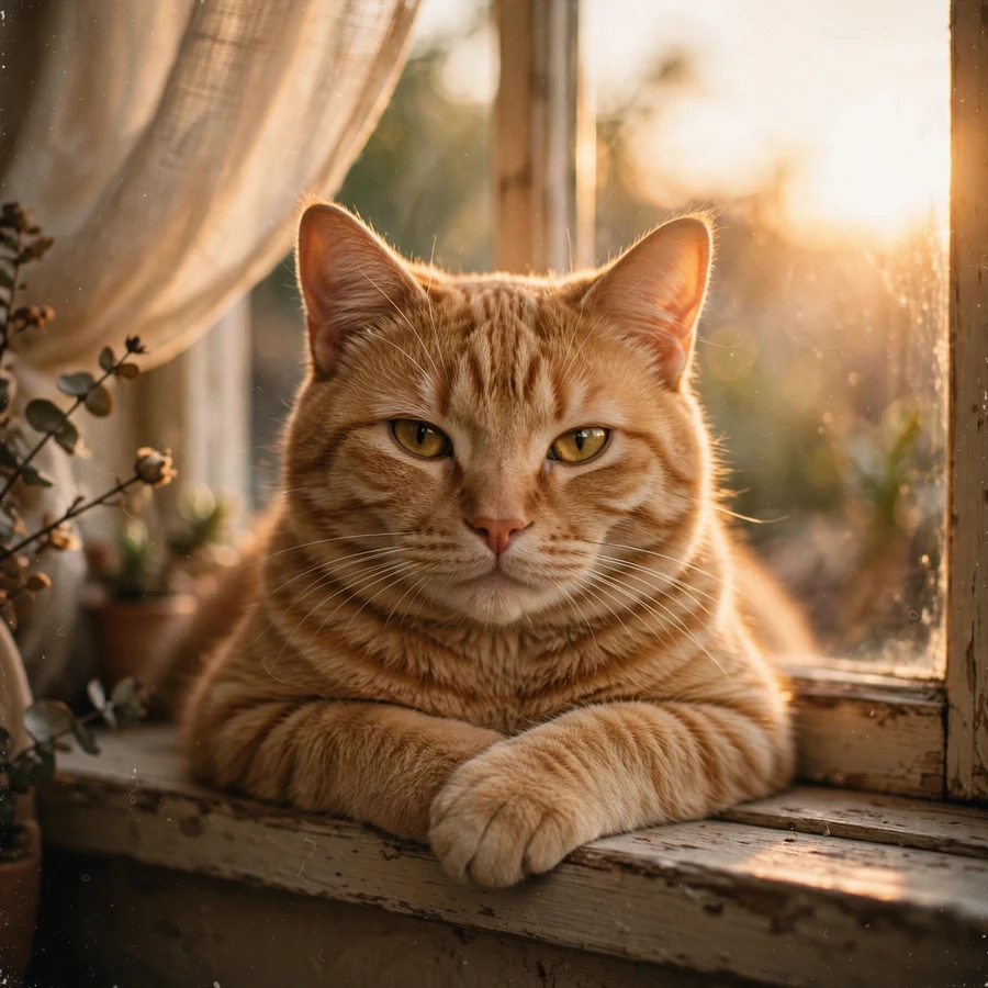 Cat pfp aesthetic: cat lounging on windowsill at golden hour, film grain