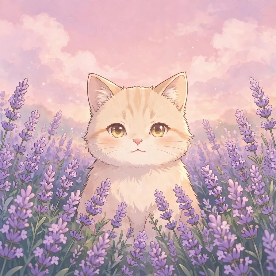 Aesthetic cat pfp: cat sitting in a lavender field under a soft pink sky