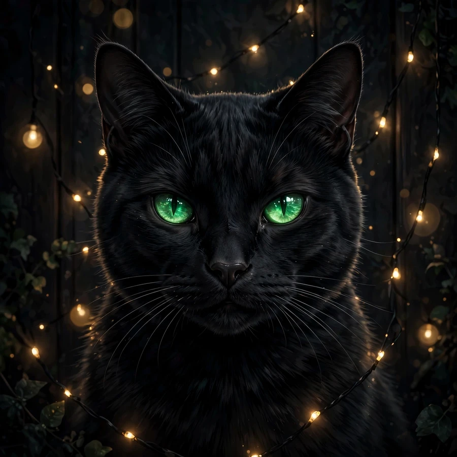 Aesthetic cool cat pfp: black cat with emerald eyes in dark room with fairy lights