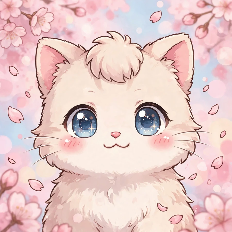 Anime cat pfp: adorable anime-style cat with big expressive eyes, cherry blossom petals