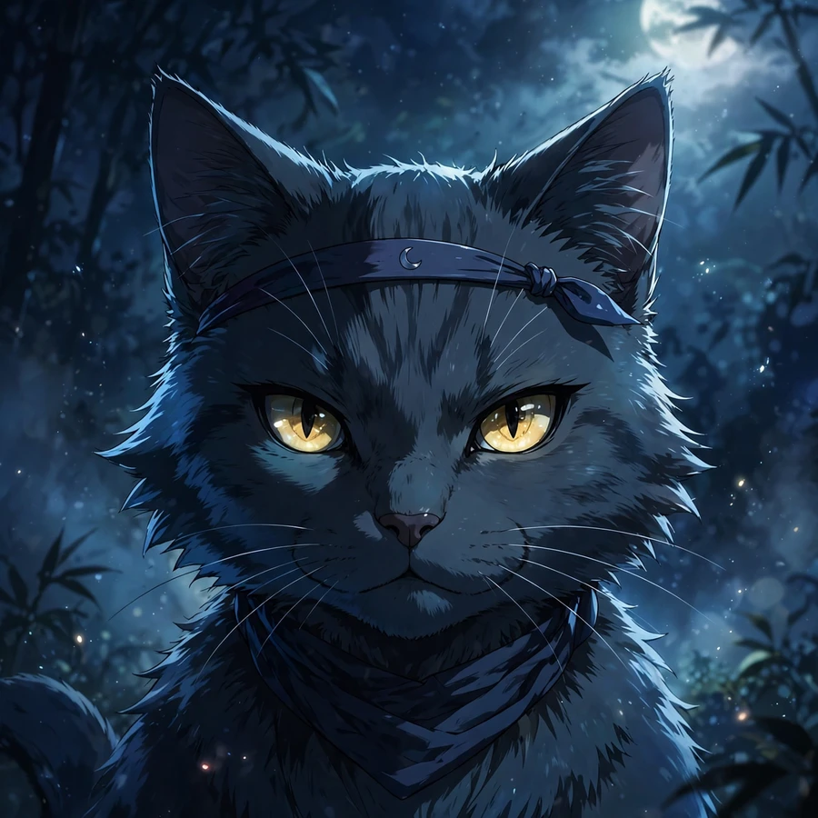 Cool cat pfp: anime-style ninja cat with tiny headband in moonlight