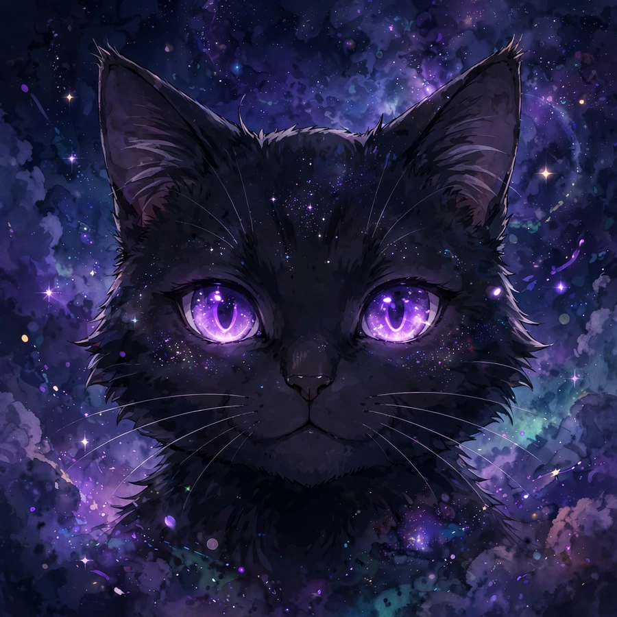 Aesthetic cat pfp: anime-style black cat with glowing purple eyes under a galaxy sky
