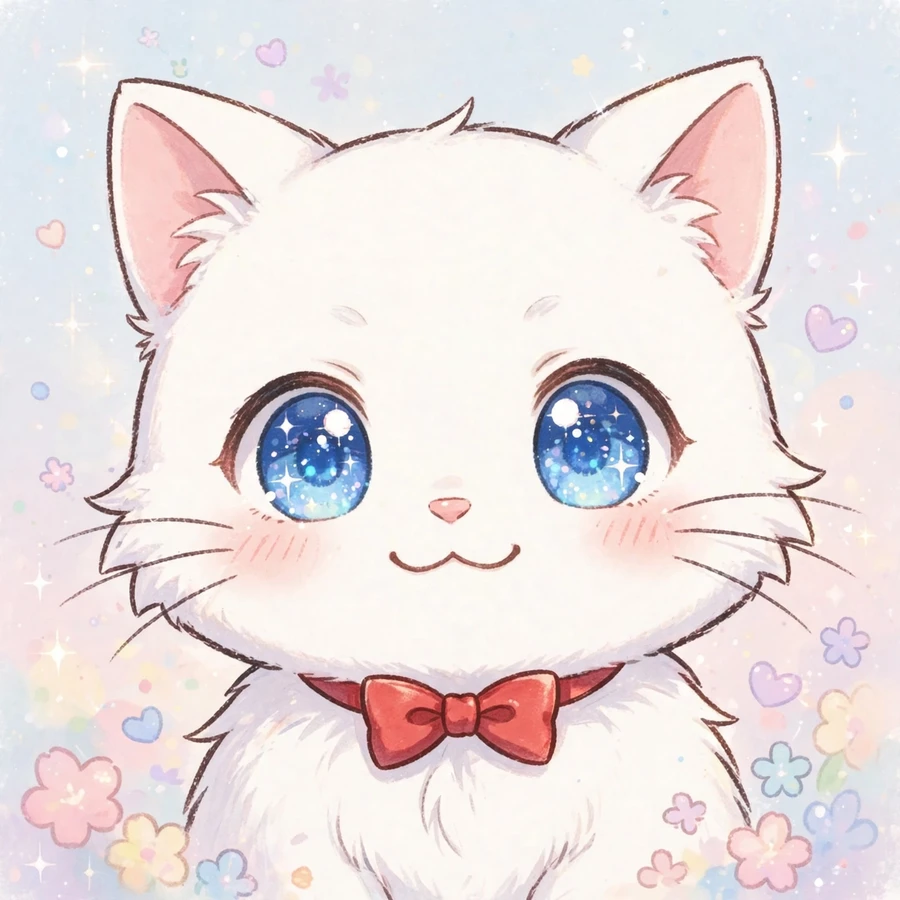 Cute cat pfp: anime-style white cat with tiny red bow tie and sparkling blue eyes