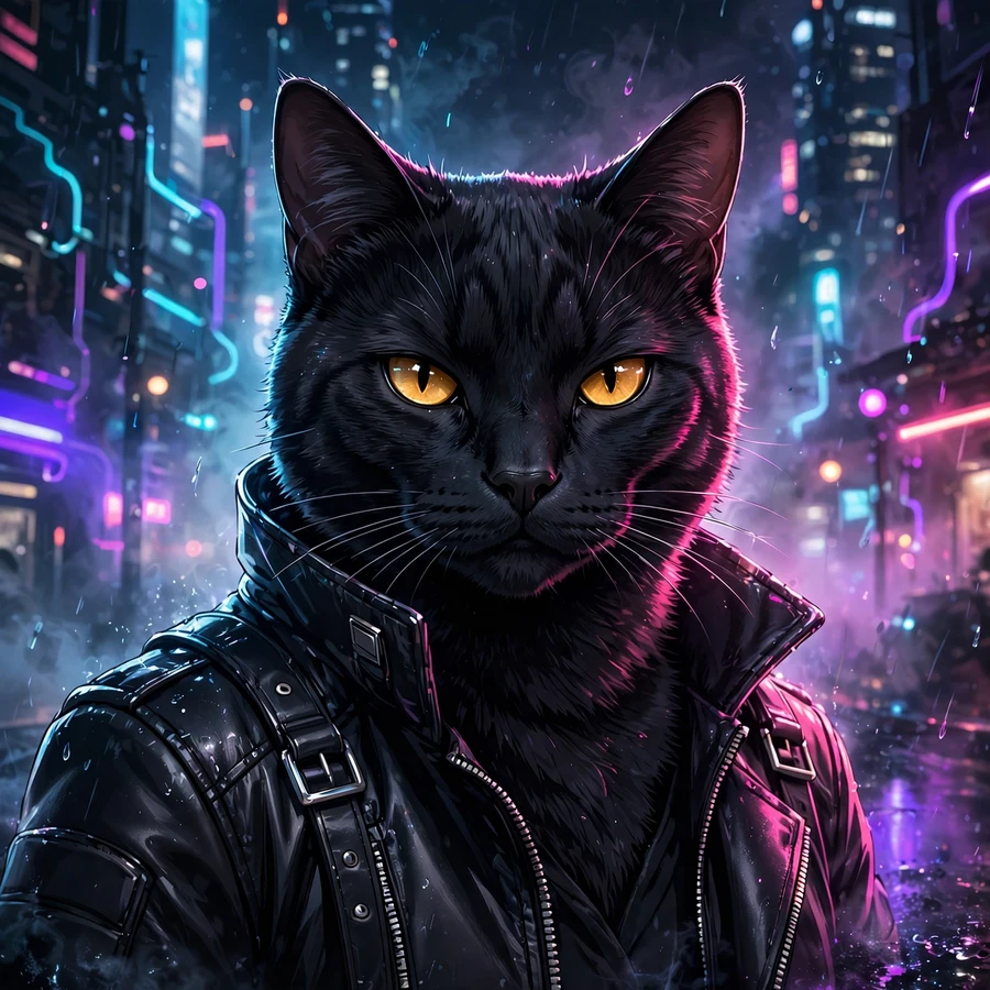 Cool cat pfp: confident black cat wearing a sleek leather jacket, neon city street at night