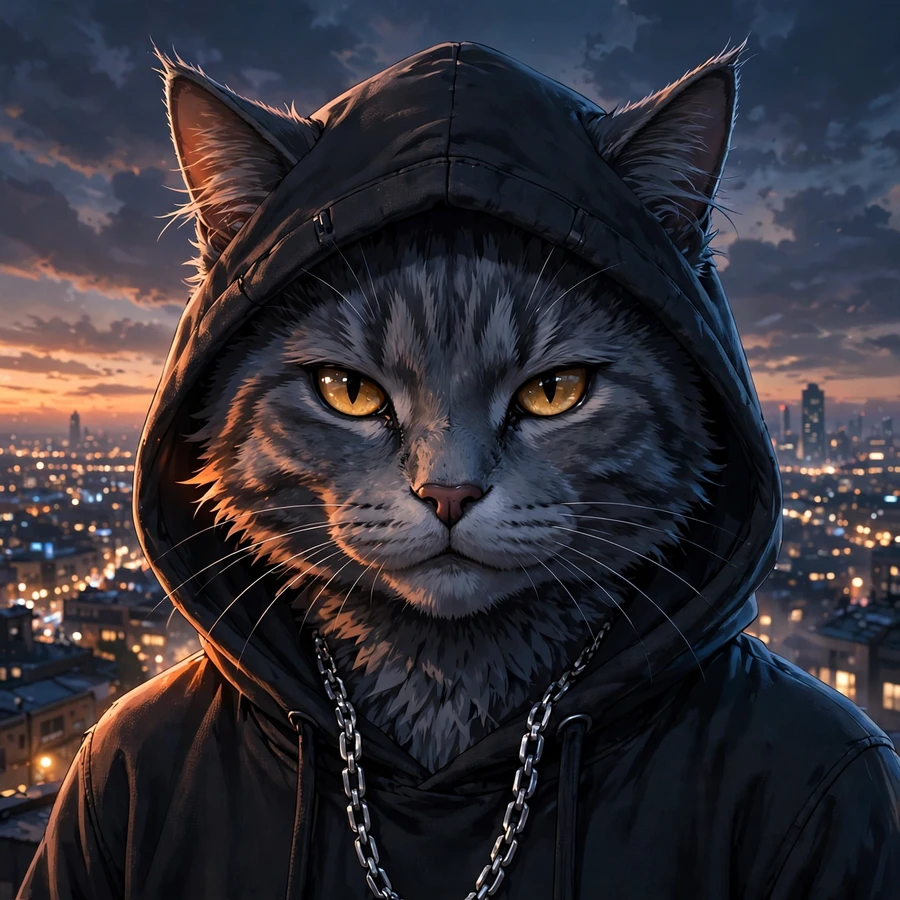 Cool cat pfp: grey cat in black hoodie and silver chain on a rooftop at dusk