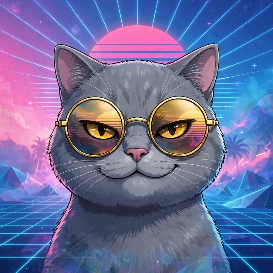 Aesthetic cool cat pfp: stylish grey cat in gold sunglasses, vaporwave sunset