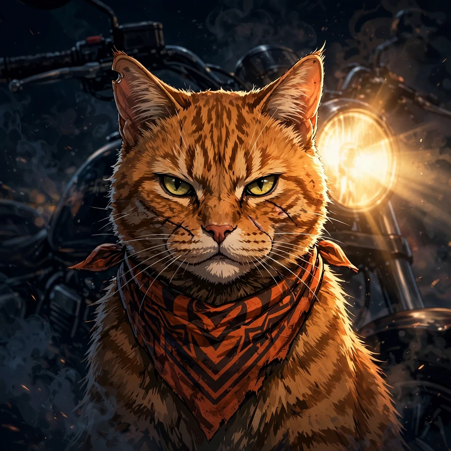 Cool cat pfps: badass orange tabby wearing a bandana like a biker
