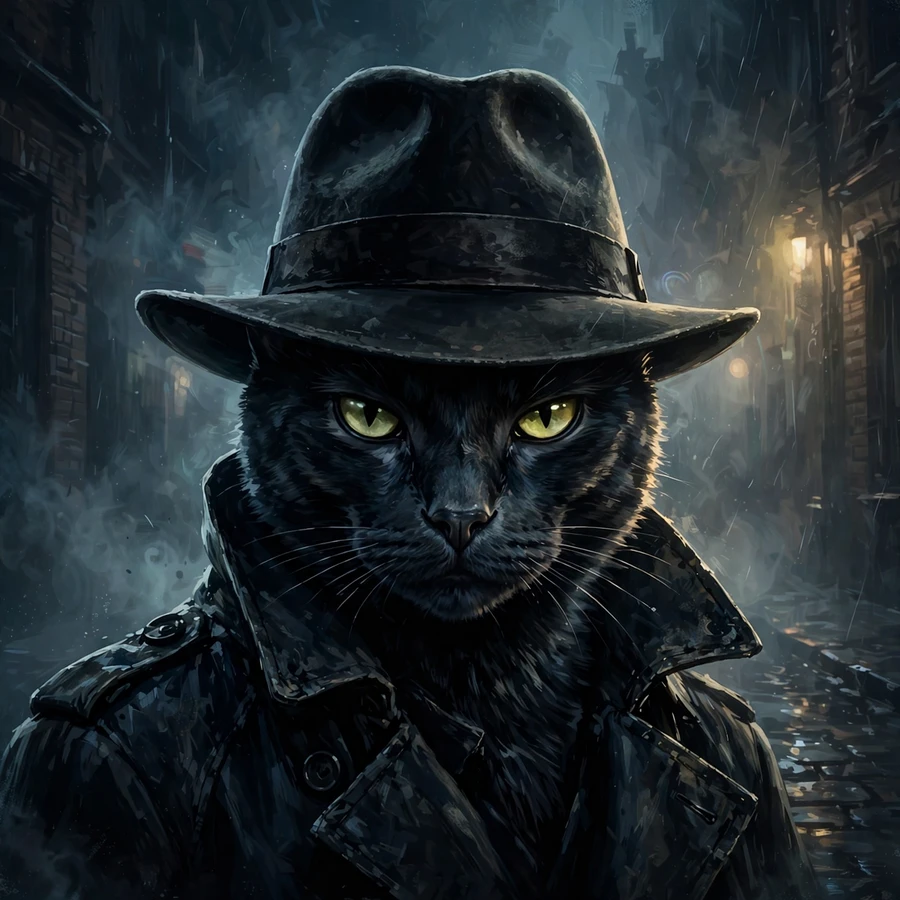 Cool cat pfp: mysterious cat in a detective trench coat and wide-brim hat, film noir