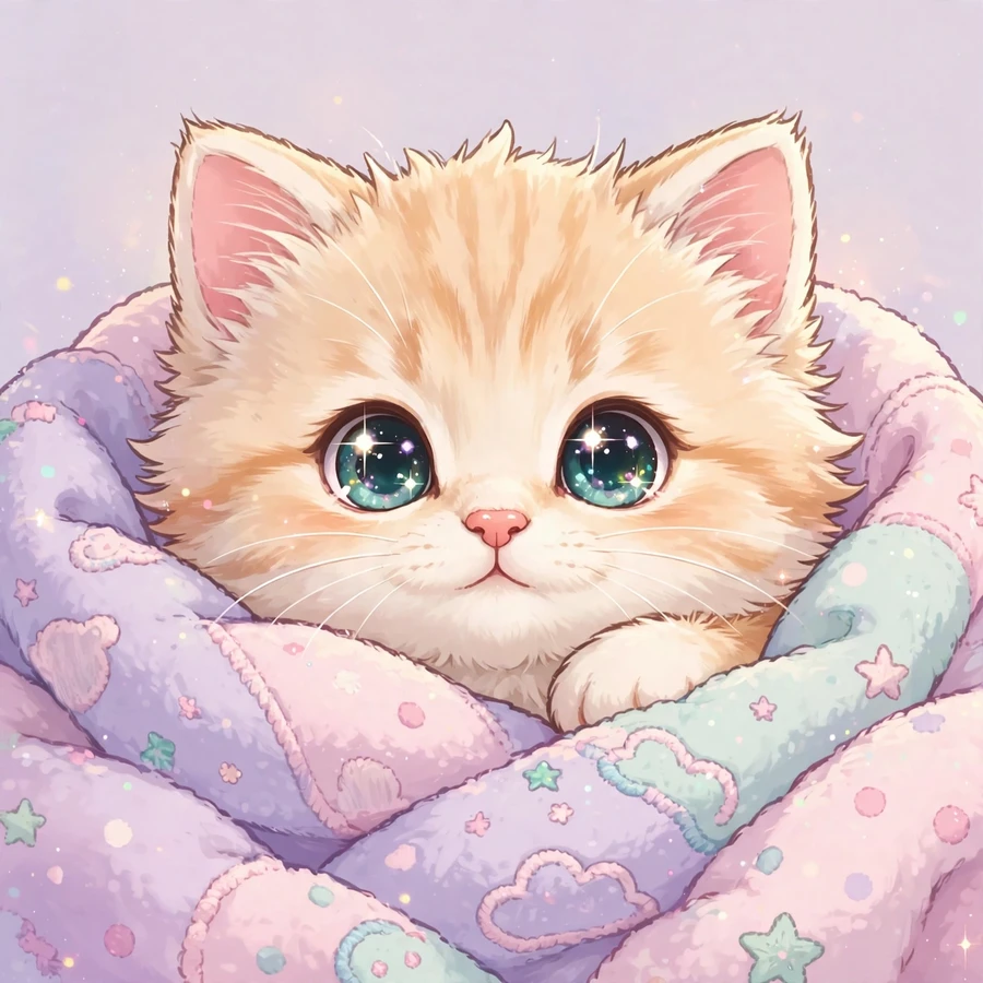 Cute cat pfp: fluffy kitten with big sparkling eyes peeking from a pastel blanket