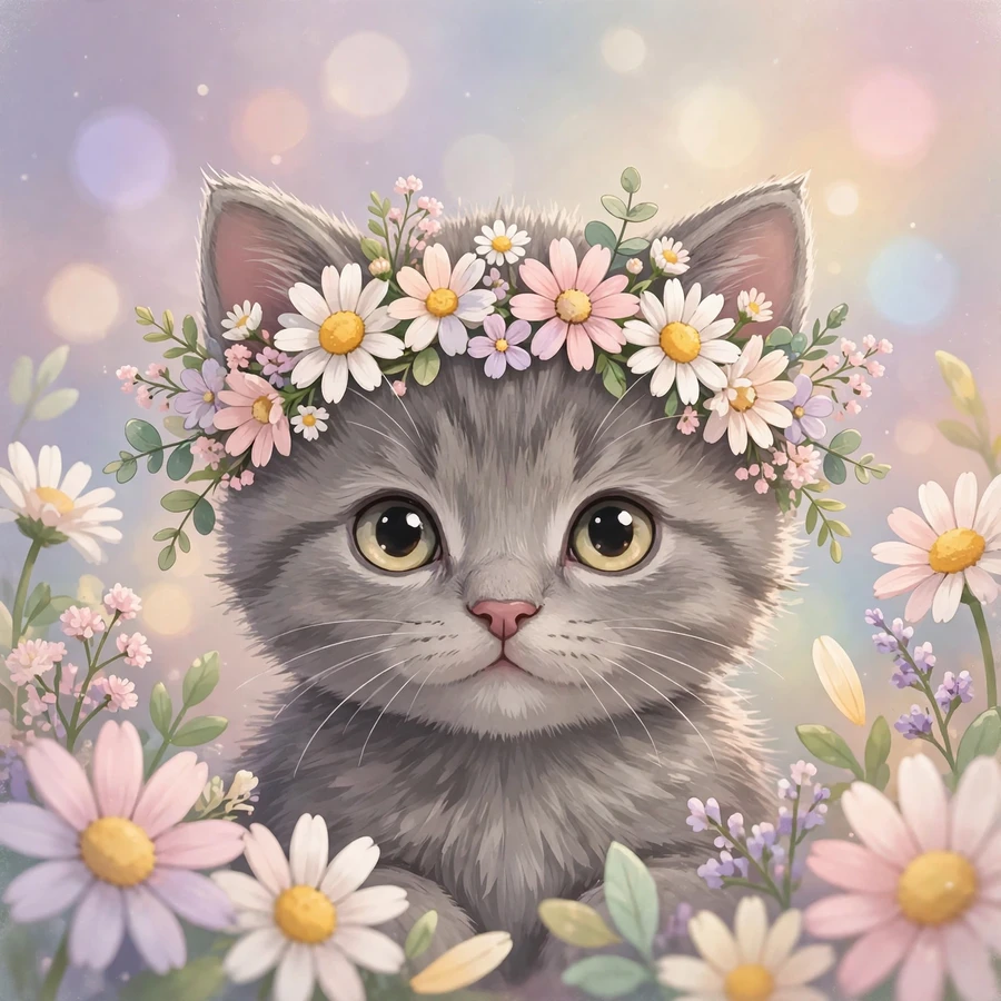 Aesthetic cute cat pfp: tiny grey kitten wearing a flower crown among daisies