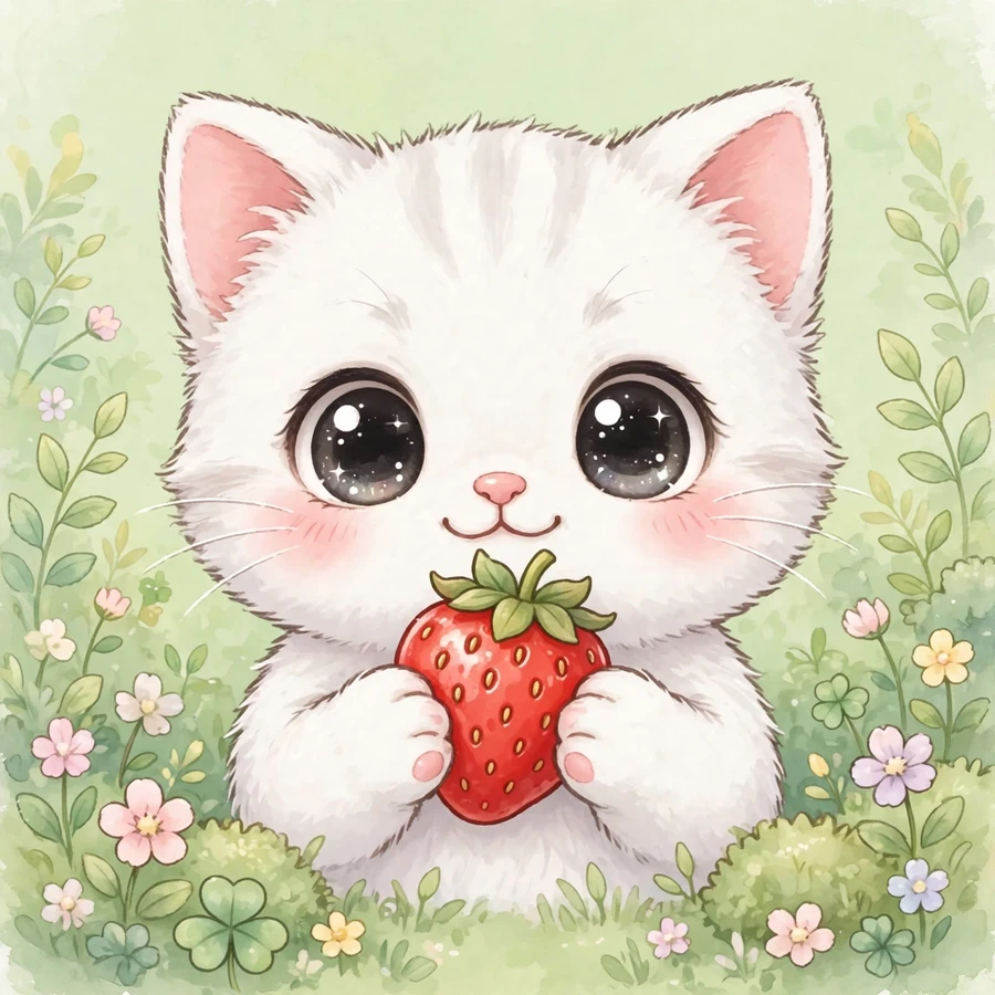 Cute cat pfp: white kitten with huge round eyes holding a strawberry