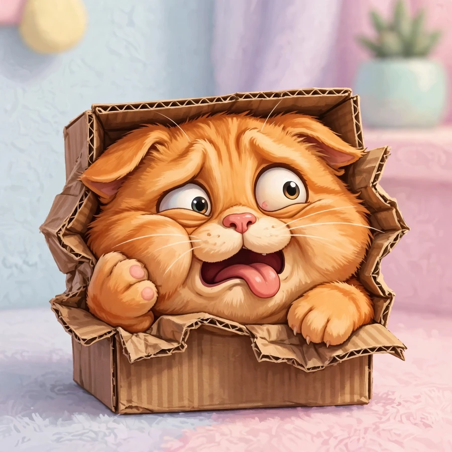 Funny cat pfp: silly pfp cat squished into a tiny cardboard box too small for it