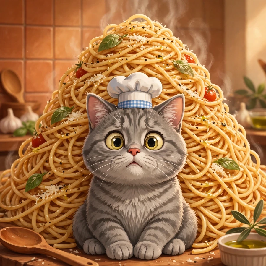 Funny cat pfp: cat wearing a tiny chef hat in front of a giant spaghetti pile