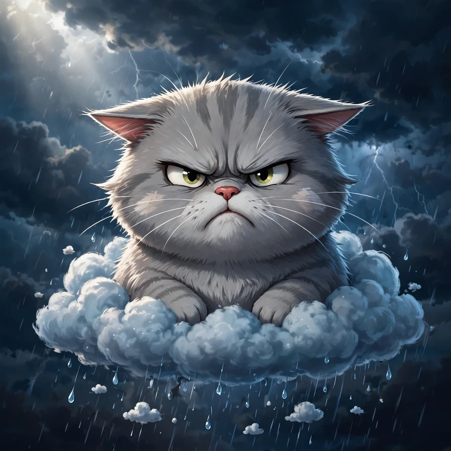 Grumpy cat pfp: grey cat with flattened ears and angry frown in a tiny rain cloud