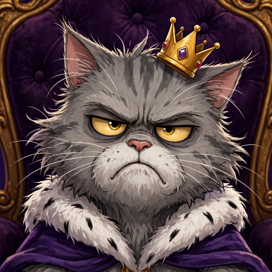 Grumpy cat pfp: cat king wearing a tiny tilted crown with a deeply unimpressed frown