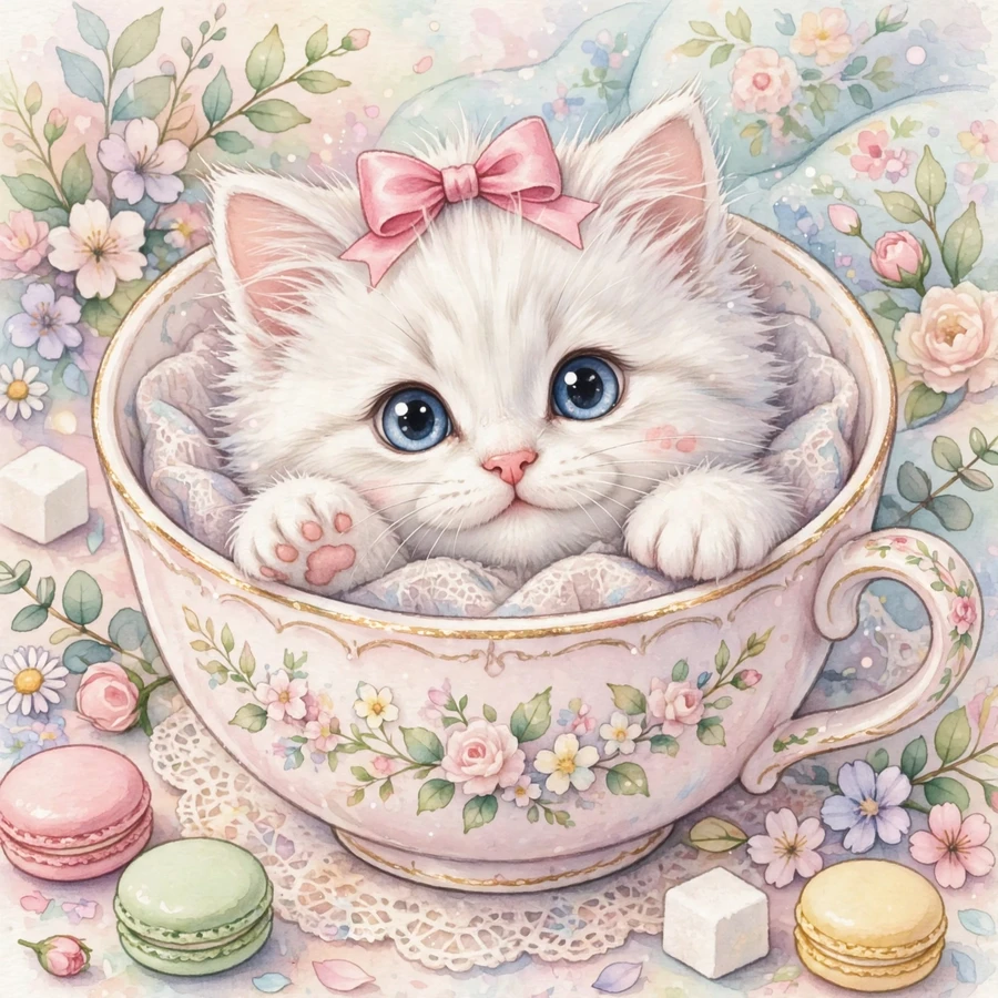 Kitten pfp: fluffy white kitten with a pink bow peeking out of a teacup