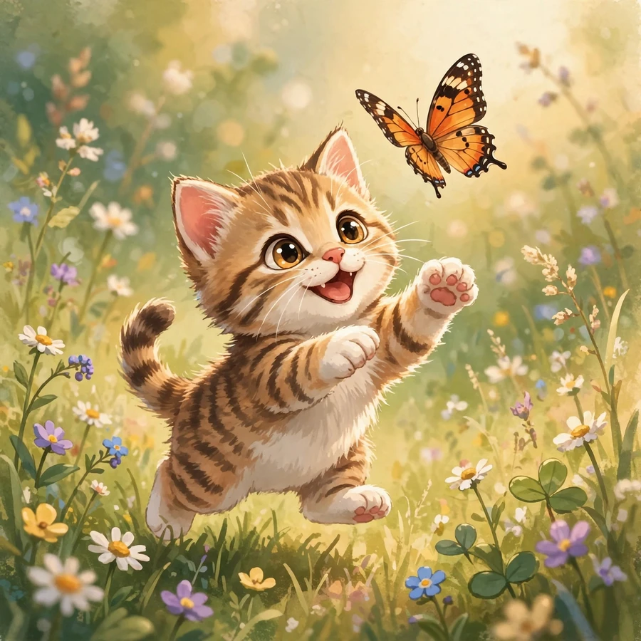 Cute cat pfp: tiny tabby kitten pouncing on a butterfly in a sunny meadow