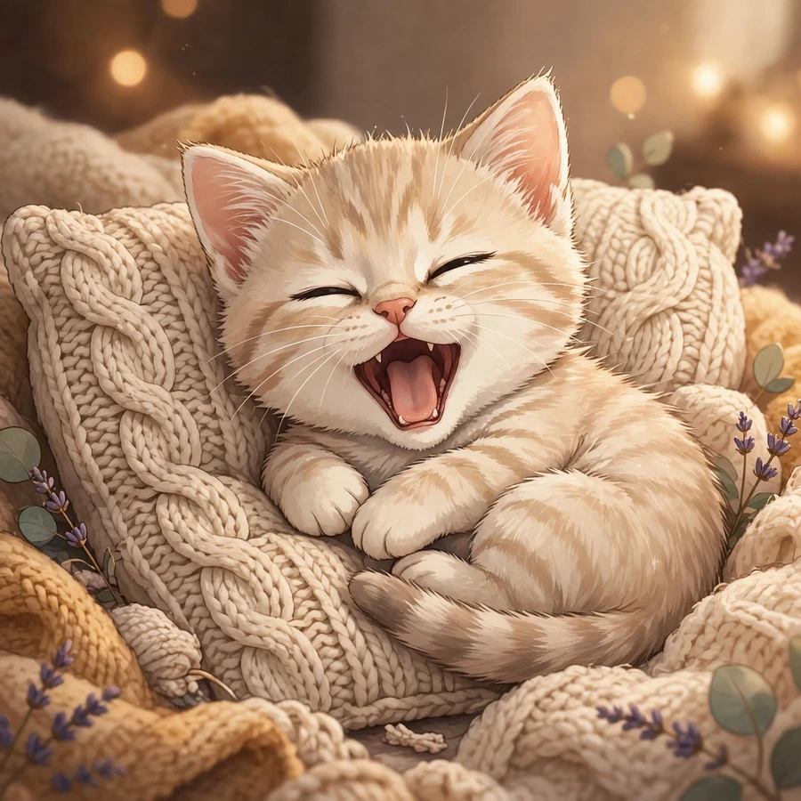 Kitten pfp: sleepy kitten yawning with tiny mouth wide open on a knitted pillow