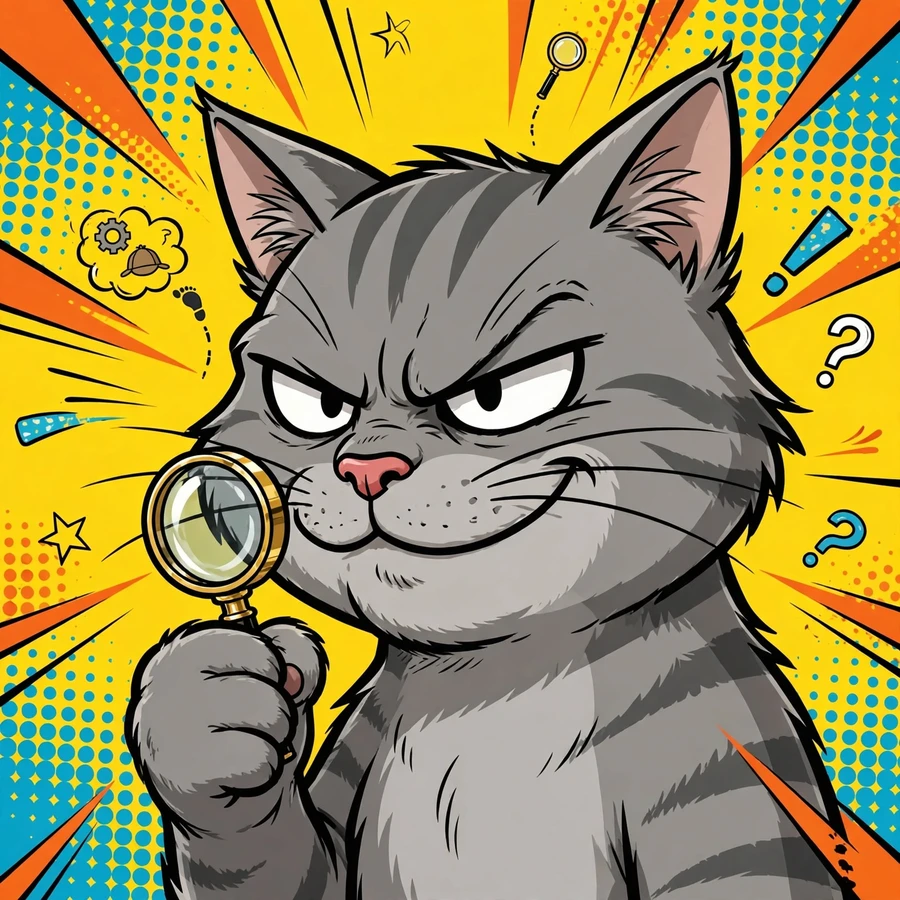 Cat meme pfp: cat with suspicious narrow-eyed glare holding a tiny magnifying glass