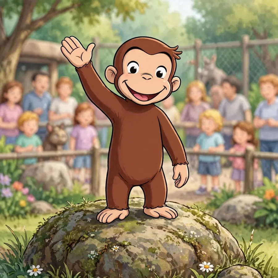 Curious George zoo pfps: original waving from rock