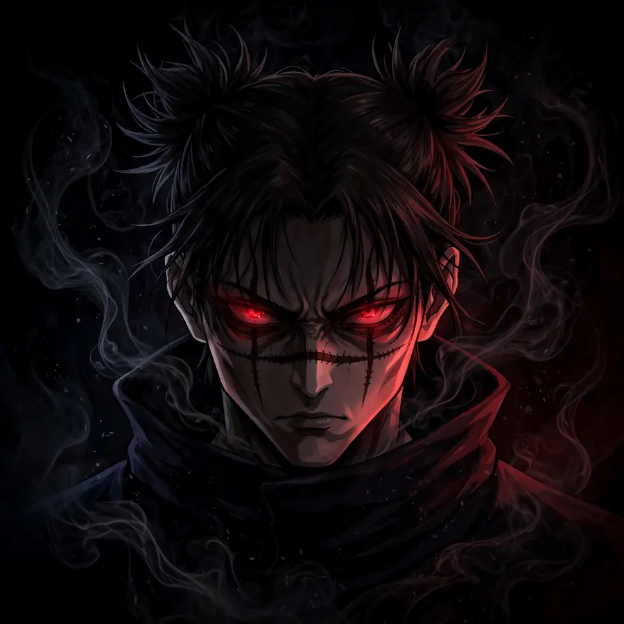 Dark Choso pfp: original Death Painting with glowing red eyes in shadows