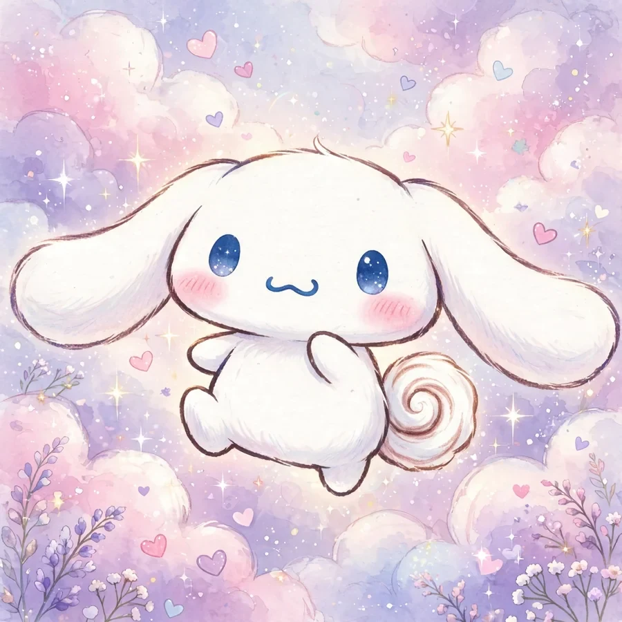 Cinnamoroll pfp aesthetic: original white puppy with long ears in dreamy pastel clouds