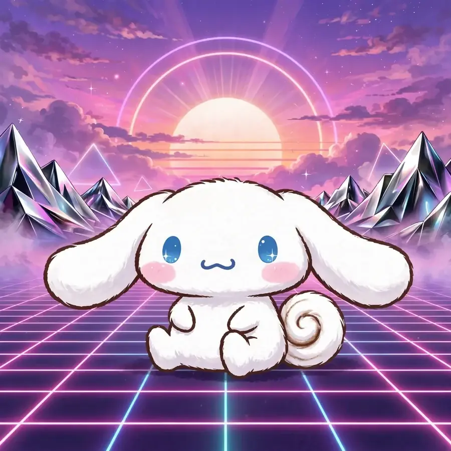 Aesthetic cinnamoroll pfp: original puppy in vaporwave sunset with grid horizon