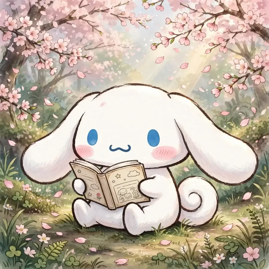 Cinnamoroll aesthetic pfp: original puppy reading under a cherry blossom tree