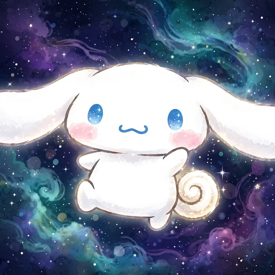 Pfp cinnamoroll aesthetic: original puppy silhouette against a pastel galaxy sky
