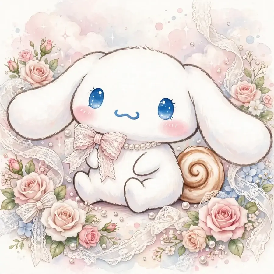 Cinnamoroll sanrio aesthetic pfp: original puppy in coquette style with lace and pearls