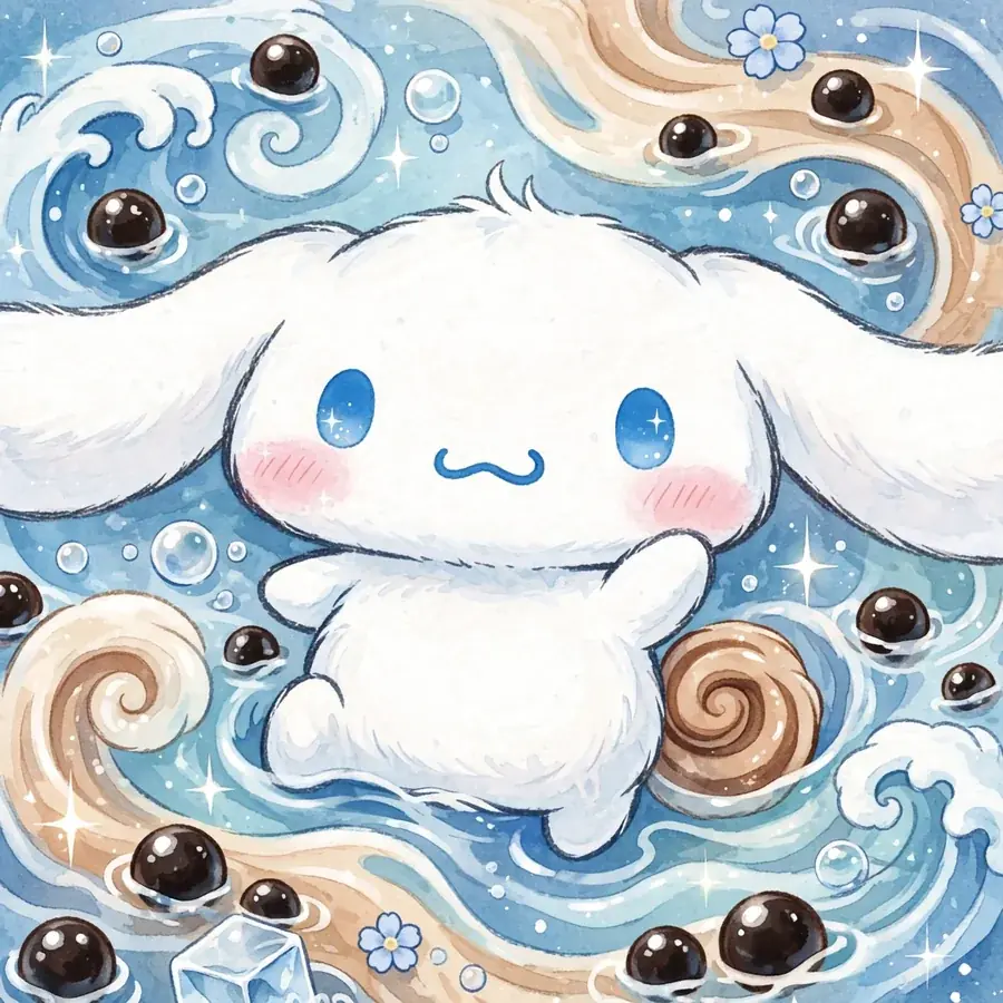 Cinnamoroll pfp blue: original puppy floating in a bubble-tea ocean