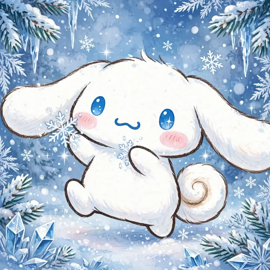 Cinnamoroll pfps blue: original puppy with snowflakes in a winter scene
