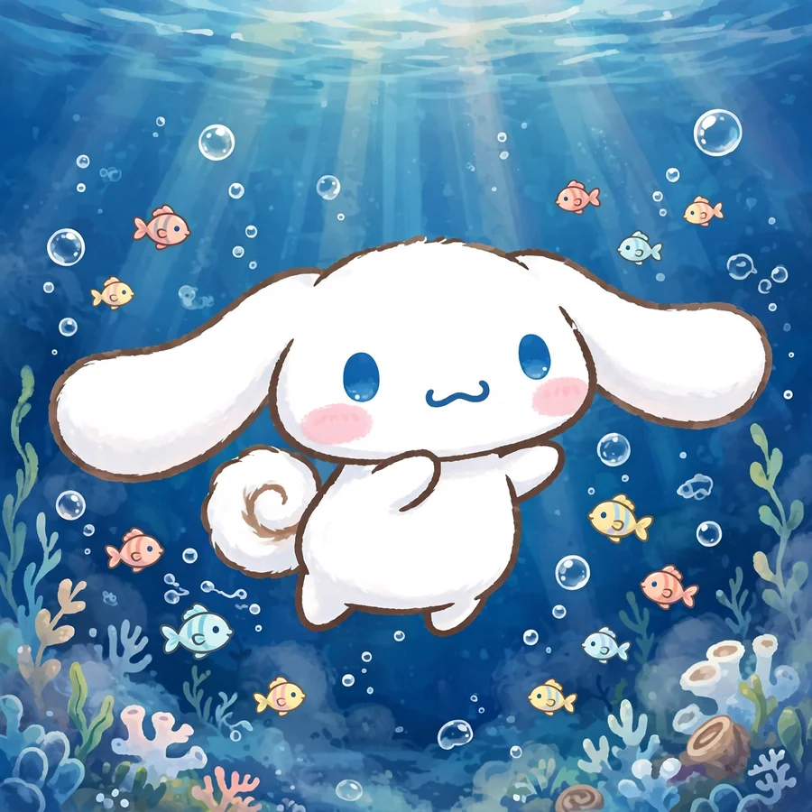 Blue cinnamoroll pfp: original puppy underwater with bubbles and tiny fish