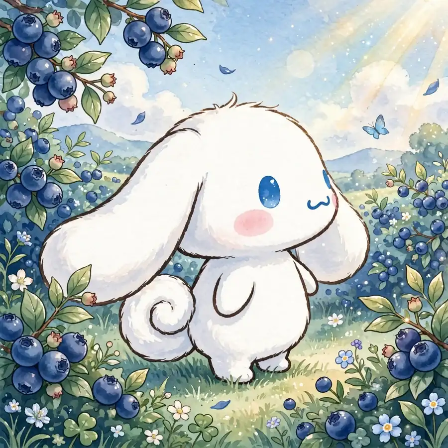 Cinnamoroll pfp: original puppy in a blueberry field at golden hour